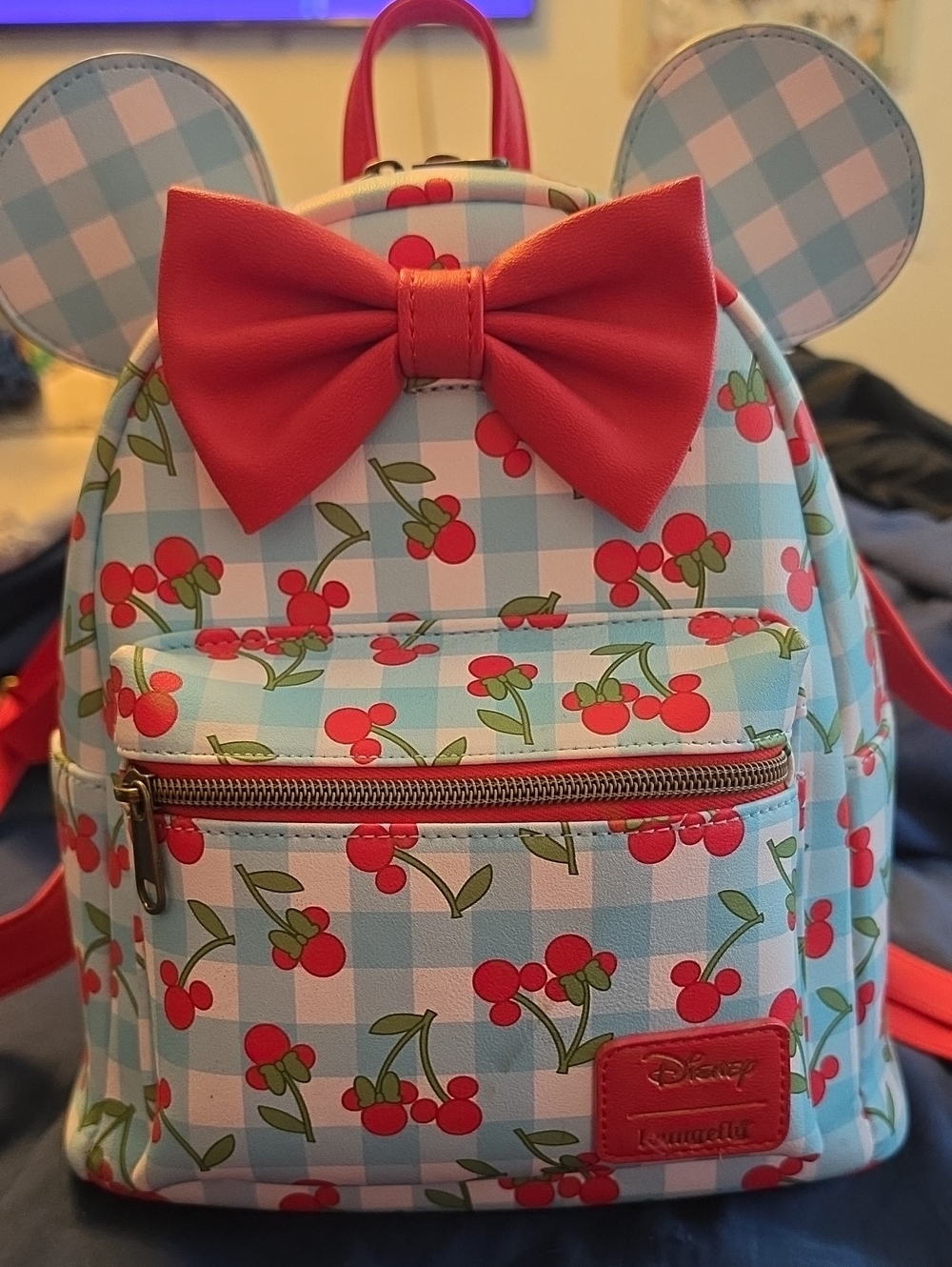 Loungefly Blue Gingham Cherry Mini Backpack with Red Bow